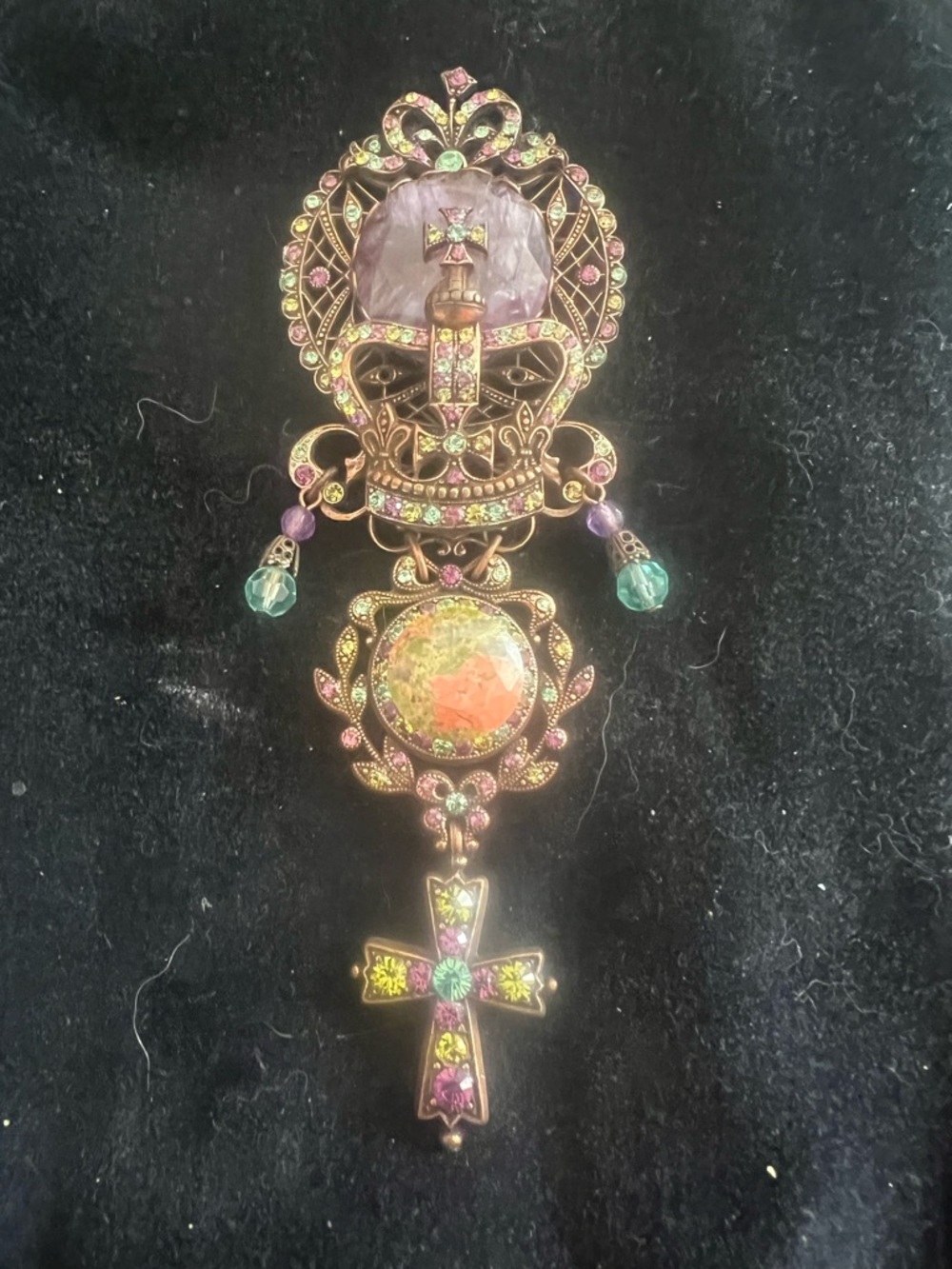 Jacqueline Singh Vintage Gold-Tone Multicolor Crystal Skull & Cross Brooch